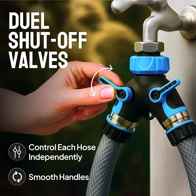 2 Way Hose Splitter Heavy Duty - Metal Y Garden Hose Splitter with Shutoff Valves, Brass Outdoor Faucet Adapter for Spigot, 3/4 Inch GHT Water Hose Connector - Blue
