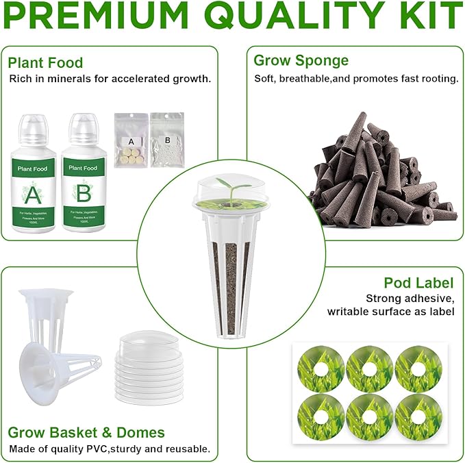 88Pcs Hydroponic Seed Pods Supplies Kit for Aerogarden Pods, Hydroponics Garden Accessories, Grow Anything Kit with 24 Grow Sponges 12 Grow Baskets 24 Domes 24 Pod Labels 400ml Plant Food Nutrients