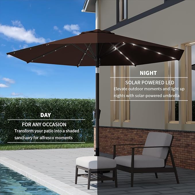 9FT Patio Umbrella with Solar Lights,Outdoor Market Umbrella with Tilt and Crank, LED Lighted Table Umbrella for Garden,Deck,Backyard,Pool,Beach