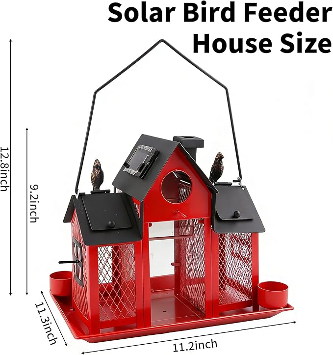 Solar Bird Feeders House for Outside Hanging, Metal Wild Bird Feeder for Outdoors Large Capacity Cardinal Birdfeeder Birdhouses Metal Bird Feeding Station Red