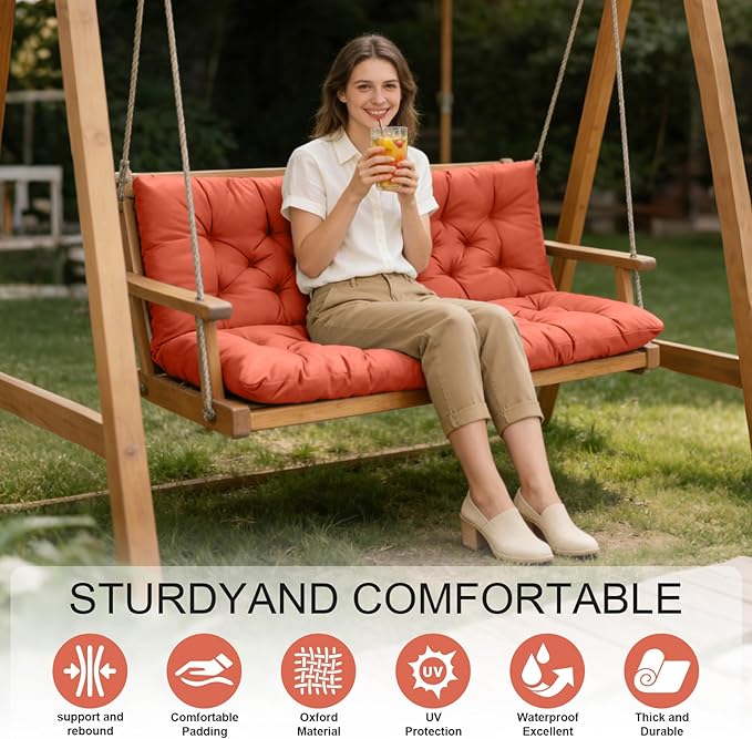 Porch Swing Cushions, Outdoor Swing Replacement Cushions 3 Seater with Backrest, Waterproof Bench Cushion with Ties,for Patio,Porch, Garden,Backyard