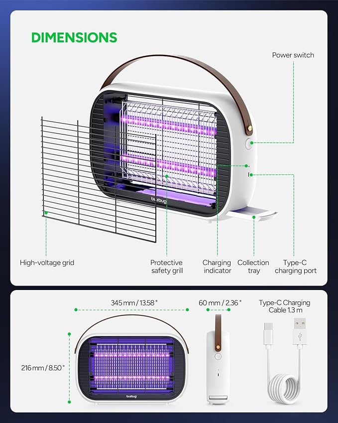 Buzbug LED Bug Zapper Indoor Outdoor, Rechargeable 5200mAh, Dual Band Attraction, 50000H Long-Life LED Bulbs, Portable Mosquito Zapper, Fly Trap Mosquito Trap, Fly Killer Fly Zapper – MA015C