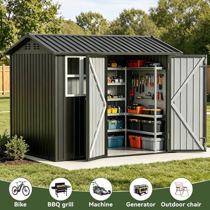 COMHOMA Outdoor Storage Shed with Window,Metal Lockable Garden Toolhouse, Ventilated Weather-Resistant Backyard Utility Workshop for Storage(Light Grey,8x6ft)