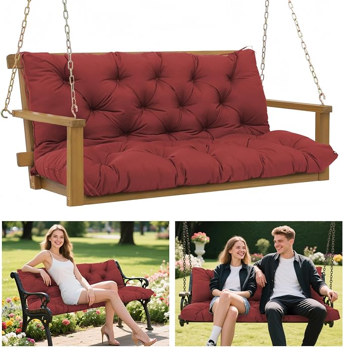 Durable Extra 5" Thick Waterproof Porch Swing Cushions Outdoor 60 inch Fade-Resistant Swing Cushions 3 Seater Replacement with Backrest for Outdoor Patio Backyard Furniture(Wine Red 60×40×5inch)