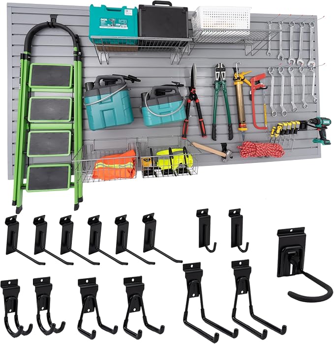 FRAYSCENT Slat Wall Paneling Garage Slat Wall Storage Systems Slatwall Panels Power Tool Organizer Wall Mount, PVC Garage Storage & Organization Products Slate Board (Grey, 4ft x 8ft with 15 Hooks)