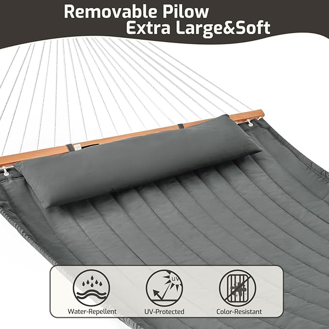 CHULIM Double Quilted Fabric Hammock with Hardwood Spreader Bars and Pillow 450 LBS Capacity 2 Person Large Hammock for Outdoor Patio Backyard Poolside - Dark Grey