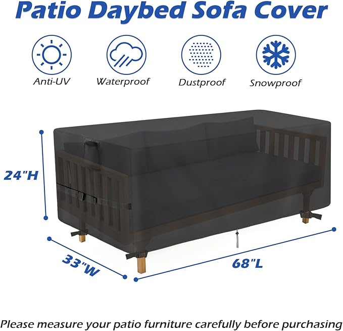 Outdoor Patio Daybed Cover, 68 Inch Waterproof Paito Sofa Cover, Furniture Covers for Outdoor Seating for Winter - 68 x 33 x 24 Inch,Black
