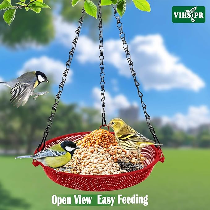 Hanging Bird Feeder for Outdoors – 9 in Metal Mesh Bird Feeder Tray Platform for Small Wild Birds, Red