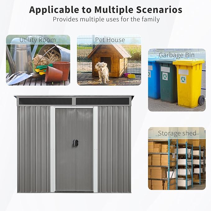 YOPTO 8FT x 6FT Outdoor Metal Storage with Lockable Sliding Doors and Transparent Plate,Waterproof Cabinet w/Ventilation & Foundation,Garden Organizer Tool House for Backyard Patio,Gray