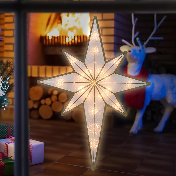 17'' Merry Christmas Lighted Sign - Bethlehem Star Window Silhouette Lights with 20 LEDs, Double-Sided 3D Holiday Decoration for Christmas Window & Home Display