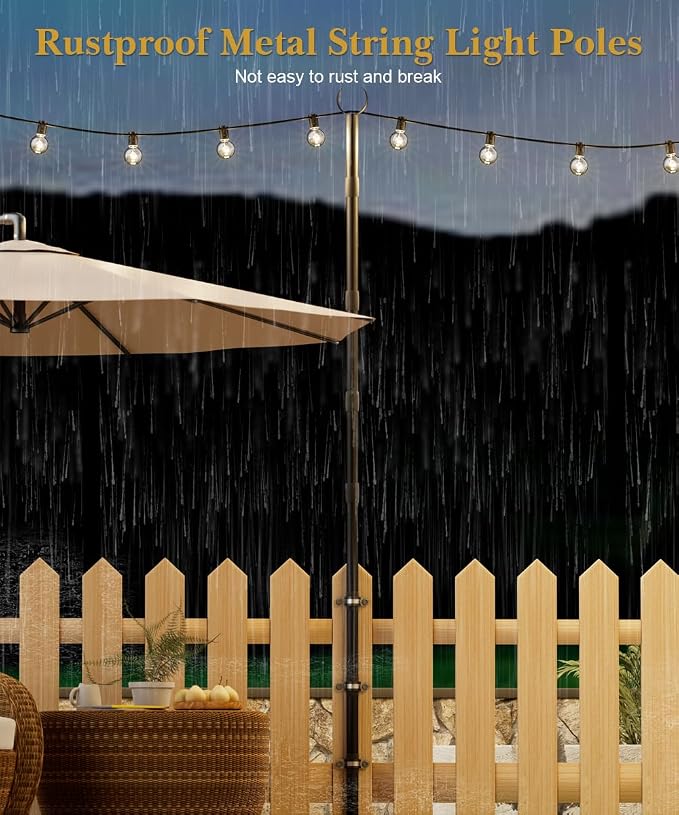 10Ft String Light Poles for Fence & Deck Railing, Outdoor Light Stand with Fence Brackets, Heavy-Duty Metal Poles for Backyard, Garden & Patio Party Lighting, Rustproof & Adjustable