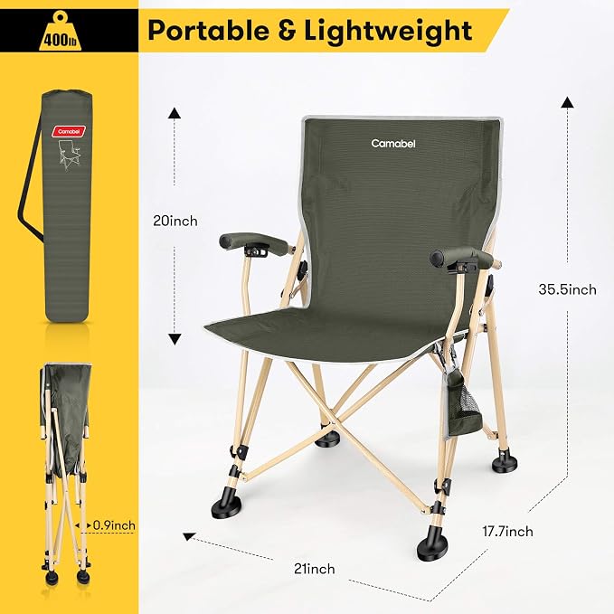 Camabel Folding Camping Chairs Oversized Heavy Duty Padded 400 LBS Beach Chair Portable Outdoor Lawn Chairs with Storage Bag and Carry Bag for Sporting Hiking Picnics Fishing Army Green