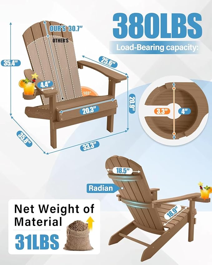 YEFU Adirondack Chairs Set of 4: Outdoor Chair HIPS Plastic Adirondack Chairs - Patio Chairs with Cup Holder & Wood Texture - Lawn Fire Pit Deck Porch Garden Chairs for Adults (Teak)