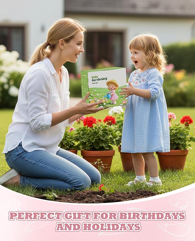 Kids Gardening Set, Gardening Tools Kit for Kids and Toddler, Includes Wooden Rake, Two Shovels, Gloves, Watering Can, Apron, and Tote Bag, Outdoor Toys for Girl Boy, Pink