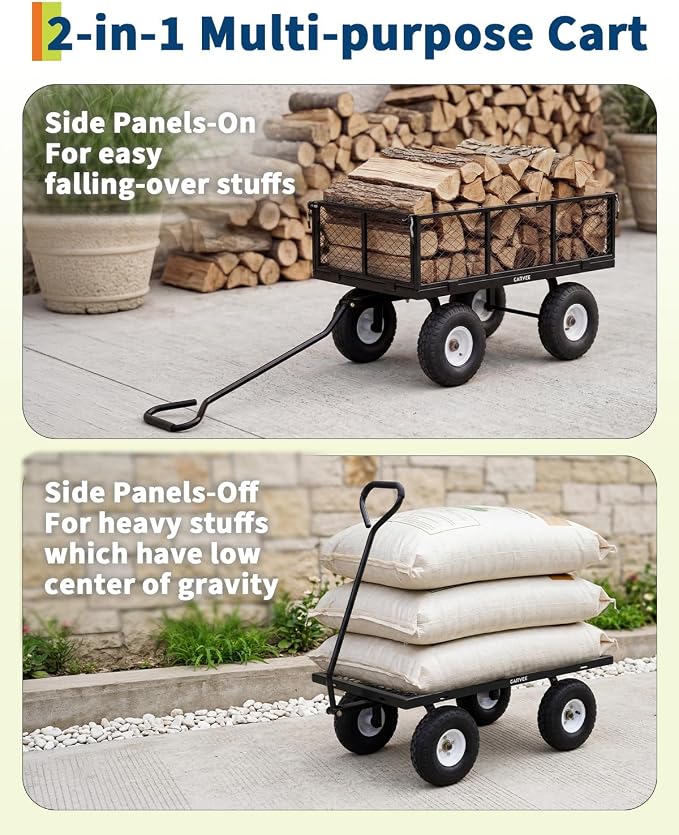 Garvee Versatile Outdoor Utility Cart - 800LBS Heavy-Duty, 10" All-Terrain Pneumatic Tires, Easy Maneuverable Lawn Cart with Removable Mesh Panels for Gardening & Landscaping, Black