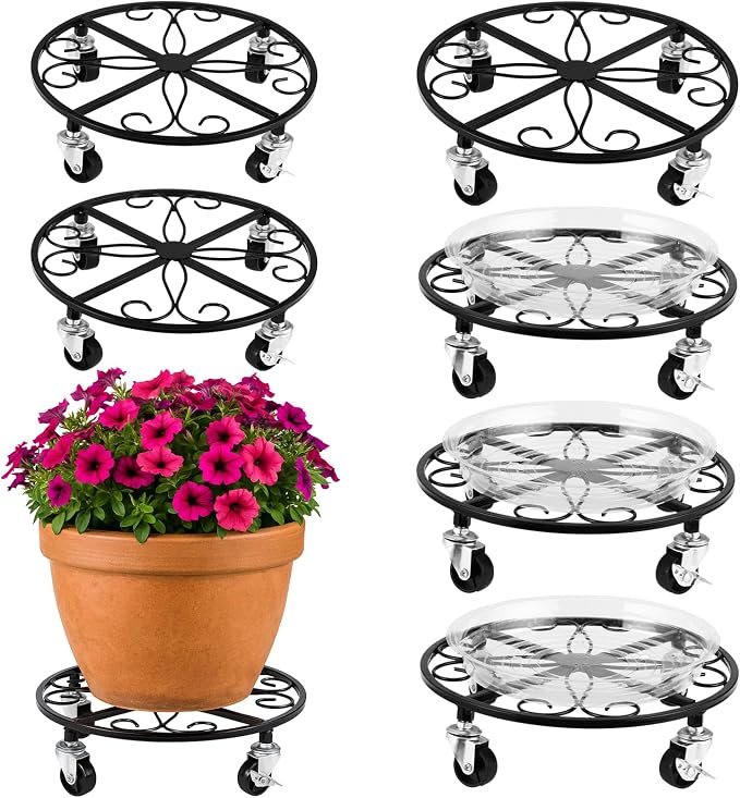 6 Pack Plant Caddy with Wheels 13.5 Inch Rolling Plant Stand for Large Plants Heavy Duty Plant Rollers Metal Plant Dolly Rustproof Planter Stand Wrought Iron Plant Stands Flower Cart Indoor Outdoor