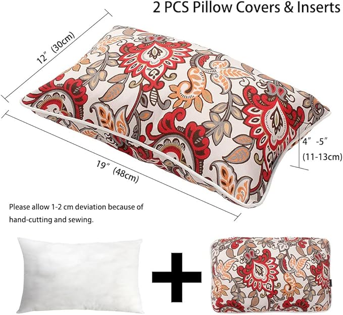 Pack of 2 Outdoor Waterproof Lumbar Rectangular Throw Pillow with Insert, Home Decorative Toss Pillows All Weather Cushion for Patio Garden Car Office (12x20 Inch, Botanical Red Orange)