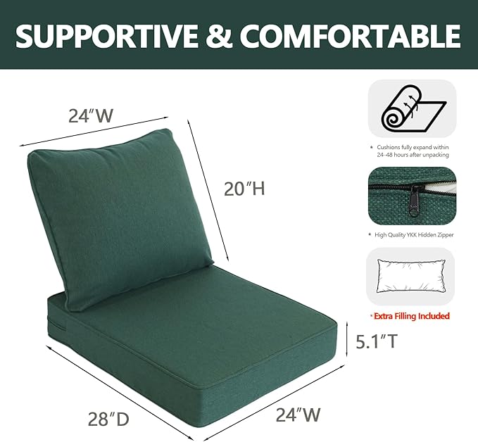 Goodgoods 24 x 28 Outdoor Patio Deep Seat Cushions 2-Pack, 1000+ Hours Fade-Resistant & Water-Resistant Outdoor Furniture Chair Cushions with 30D High-Resilience Foam for Sofa Chair, Dark Green