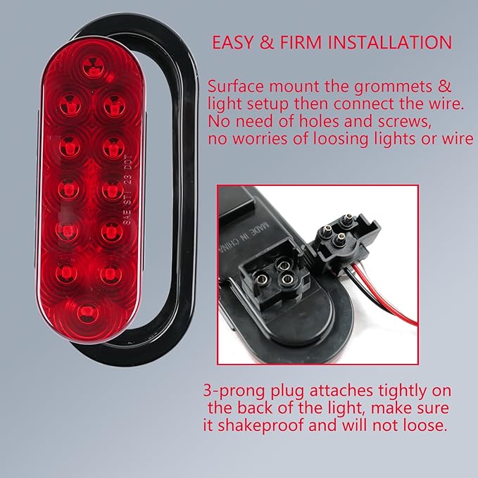 2PCS 6 Inch Oval Red LED Trailer Tail Lights, IP65 Waterproof Surface Mount Stop Brake Turn Signal Lights for Truck RV Boat Marine Camper, DOT Compliant Rear Trailer Lighting Kit(6" Oval 12LED Red)