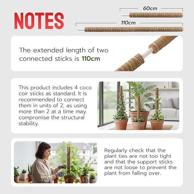Mcbazel 4 Pack 23.5 Inch Moss Poles, Monstera Plant Support, Stackable Moss Pole for Indoor Plants, Coco Coir Totem for Climbing Plant, Potted, Sphagnum