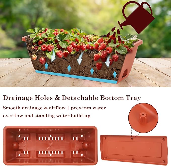 OYEAL Hanging Flower Pots for Railing Fence Outdoor Window Boxes Planter with Adjustable Hooks, Set of 2 Deck Rail Planters with 6 Detachable Plastic Planter Boxes, Drainage Holes, Brick Red