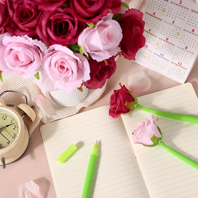 28 Pcs Flowers Pen Artificial Rose Pens Rose Shaped Ballpoint Pen Black 0.5mm Gel Ink Rollerball Pen Valentine's Day Flower Pens Gel Ink-pens for First Day Back to School Classroom Reward
