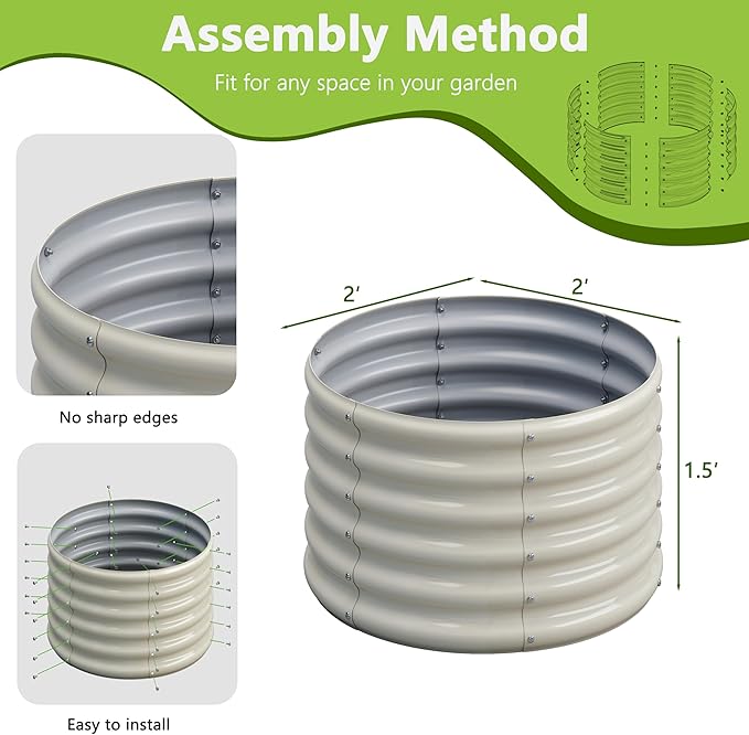2PCS 2x2x1.5FT Galvanized Raised Garden Bed Kit,Vegetable Boxes-Round Metal Flower Box,Large Planter Raised Beds Outdoor Garden for Planting,Fruit,Herb-White