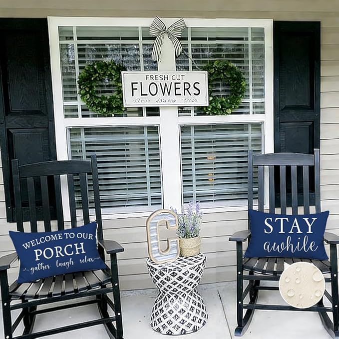 RABUSOFA Welcome to Our Porch Decor Outdoor Pillow Covers Waterproof,12x20 Set of 2 Blue and Cream Stay Awhile Relax Lumbar Cushion Case Decorations for Patio Couch (Blue)