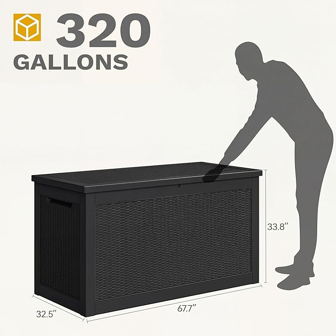 DWVO 320 Gallon XXL Extra Large Deck Box, Resin Outdoor Storage Box, Lockable & Waterproof, Double as Seating, 1000lbs Capacity (Black)