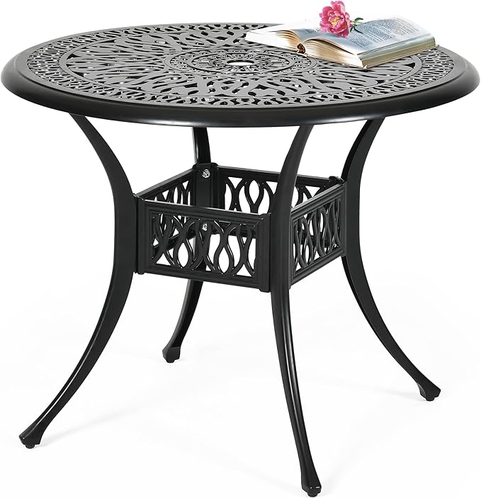 DWVO 35 Inch Outdoor Dining Table Cast Aluminum, Patio Round Bistro Table with Umbrella Hole for Backyard, Garden, Patio, Porch, Black