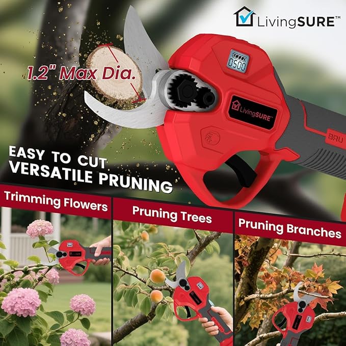 Cordless Pruning Shears by LivingSURE Portable Electric Shears For Gardening Tree and Flower Trimming, Branch Cutter for Outdoor Bushes and Garden - Battery Not Included