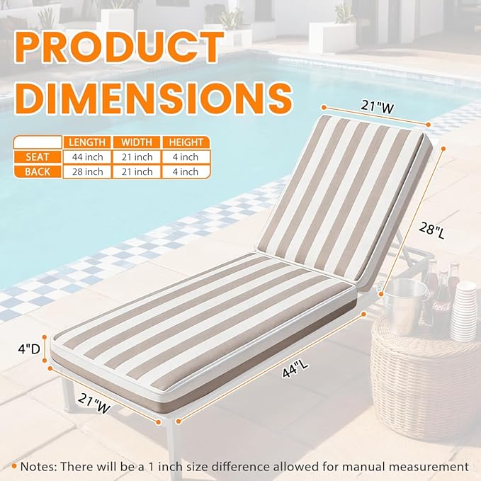 Sundale Outdoor Olefin Chaise Lounge Cushion, Water-Resistant Patio Lounge Chair Cushion, Thick Lounger Pad with 4 Straps Cabana Stripe Tan, 72 x 21 x 4 Inches