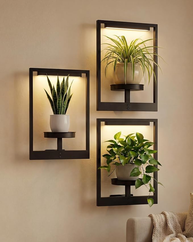 Bamworld Hanging Planters for Indoor Plants Wall Decor Outdoor Living Room Plant Stand Indoor Wall Planters Plant Hanger Window Plant Shelves 3-Packs with Magnetic Lights (Comes with Exposed Wiring)