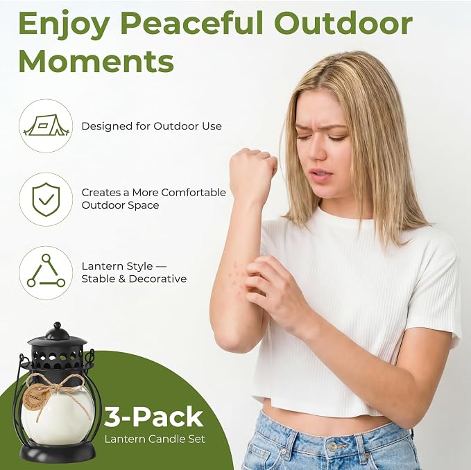 Citronella Candles Outdoor 3 Pack, DEET-Free Soy Wax Candles with Upgraded Metal Lantern Design, Long Burning Lemongrass Candles for Patio, Garden & Backyard Decor