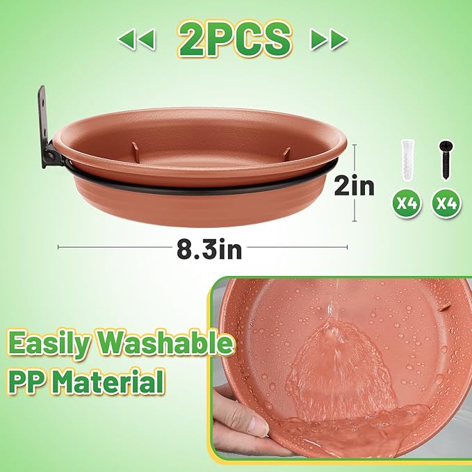 Fence Bird Feeders Tray - 2pcs Tree Mounted Wild Bird Bath for Outdoors Place Food Water, Installed on Wooden Deck Fence with Heavy Duty Iron Ring, 8.3'' Dia. (Brown)