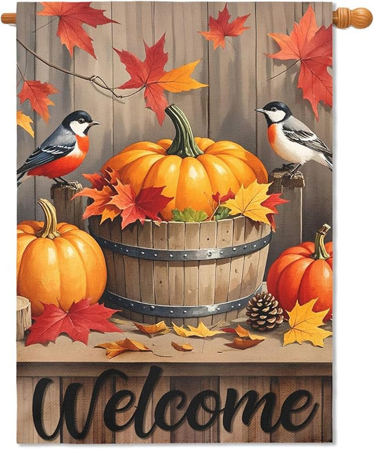 Fall Pumpkin Bird House Flag 28x40 Inch Welcome Autumn Watercolor Maple Leaf Harvest Theme Thanksgiving Decorative Yard Flags for Outside Double Sided Outdoor Home Farmhouse Decoration Porch Decor