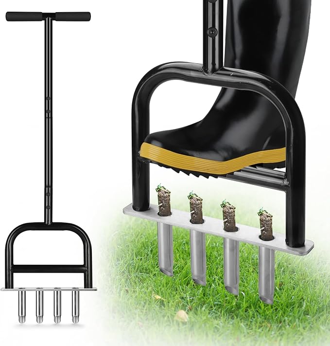 Lawn Core Aerator Tool Coring Grass Aerator Lawn Tool 4 Hollow Tines for Efficient Aeration Heavy Duty Steel Manual Plug Aerator for Lawn Care/Yard Soil Loosening/Grass Maintenance (Silvery) (Black)