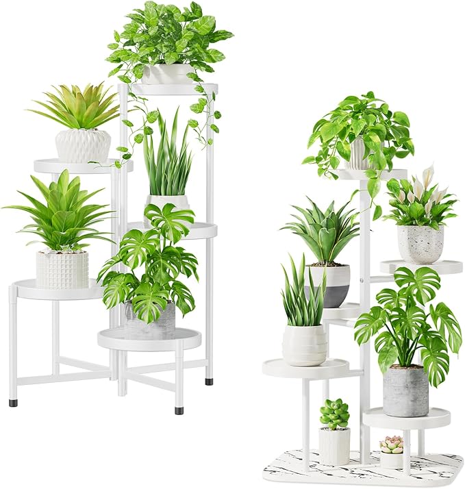 iDavosic.ly 5 Tier Plant Stand for Indoor Outdoor 2 Pack, Folding Large Corner Flower Pot Holder Shelf and Metal Plastic Tall Orchid Display Rack for Patio Porch Living Room Garden Balcony, White