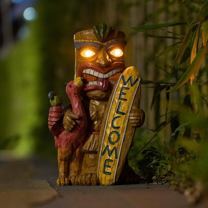 Solar Tiki Garden Statue Outdoor Decor with Flamingo Waterproof Welcome Sign for Tiki Bar, Patio, Balcony, Yard, Lawn, Front Door Decorations, Gardening Gift for Tiki Man