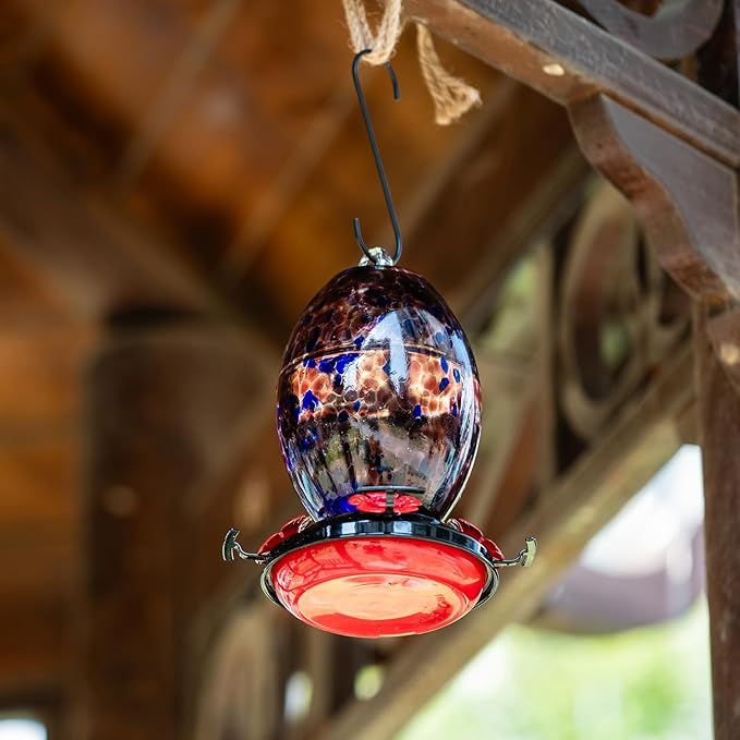 Muse Garden Glass Humming Bird Feeders for Outdoors - 27OZ Blown Glass Hummingbird Feeder - Unique Gift Mom Women Grandparents, Outdoors Hanging Garden Decor, Includes Ant Moat & Brush, Purple
