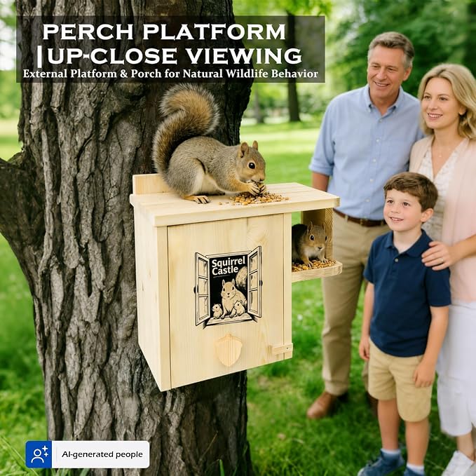 Extra Large Outdoor Squirrel House, Wooden Nesting Box | 0.7-inch-thick weatherproof pine, external rest platform, front porch, ventilation and easy mounting on trees or fences