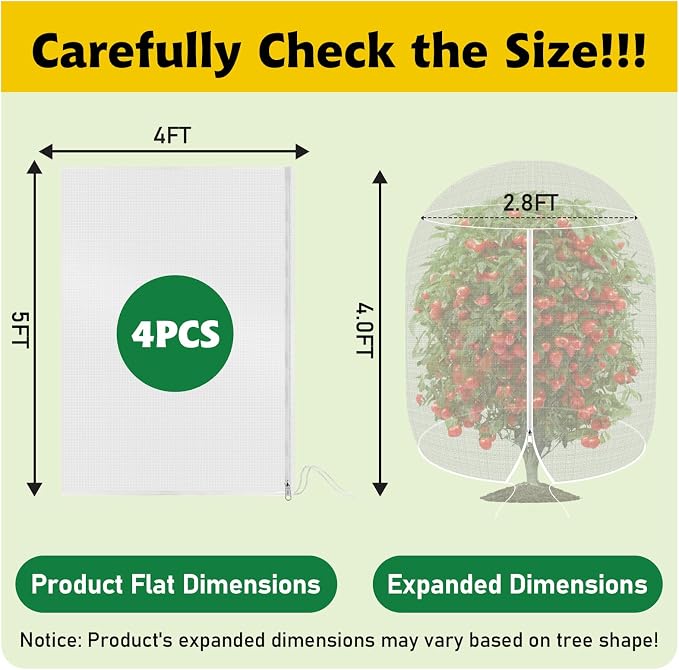 OZMI 4 Pack Fruit Tree Blueberry Bush Netting Cover, 4Ft x 5Ft Reusable Bird Netting for Garden Protection with Zipper & Drawstring, Shrubs Tomato Strawberry Plant Bushes Protector