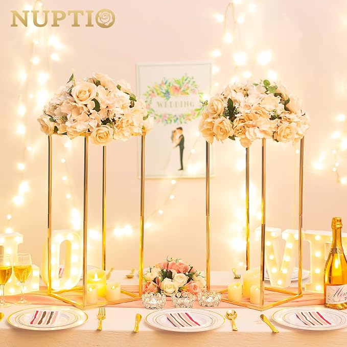 NUPTIO Gold Vases for Centerpieces Wedding - 2 Pcs 23.6 inch Tall Gold Vase Wedding Centerpieces for Tables - Geometric Gold Centerpieces for Table Flower Stand for Table Centerpieces for Weddings