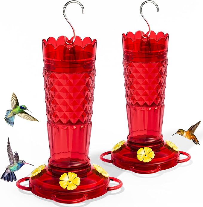 Plastic Hummingbird Feeders for Outdoors Hanging, 2 Pack 14OZ Ant & Bee Proof Humming Bird Feeder, 4 Feeding Ports Leak Proof Hummingbird Feeder for Outside Garden Decor, Gifts for Women Mom, Red