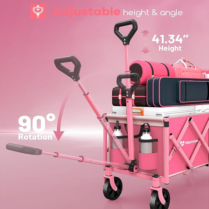 Hikemoon 34'' Extra Long Collapsible Wagons Carts Foldable, 360LBS Heavy Duty Folding Beach Wagon Cart with Wheels, Portable Utility Outdoor Wagon for Grocery, Shopping, Garden, Sports, Camping, Pink
