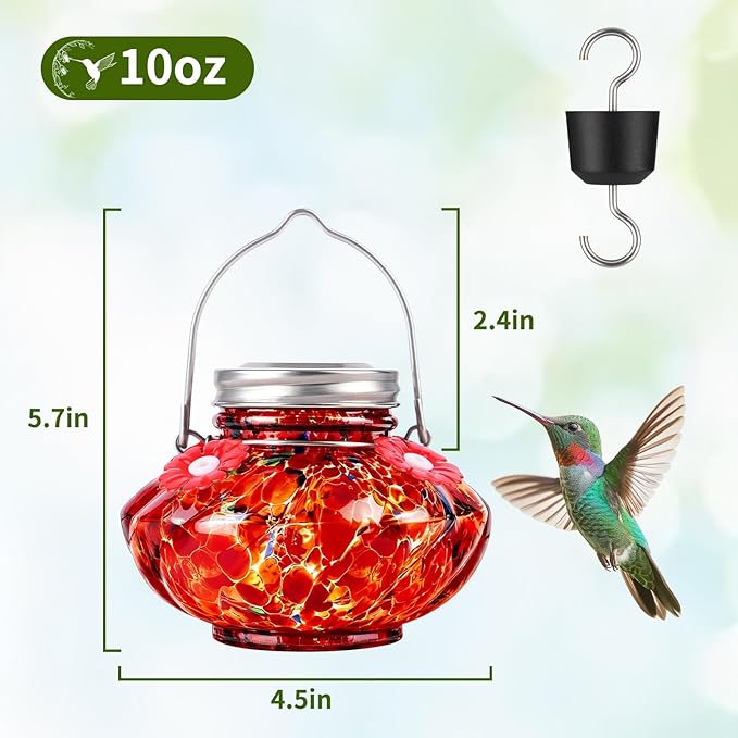 BOLITE Hummingbird Feeders for Outdoors, Hand Blown Top Fill Hummingbird Feeder, Glass Mason Jar with 4 Flower Feed Ports, Easy to Clean, Leak Proof, Bee Proof, Ant Moat, Red, Gift for Bird Lovers