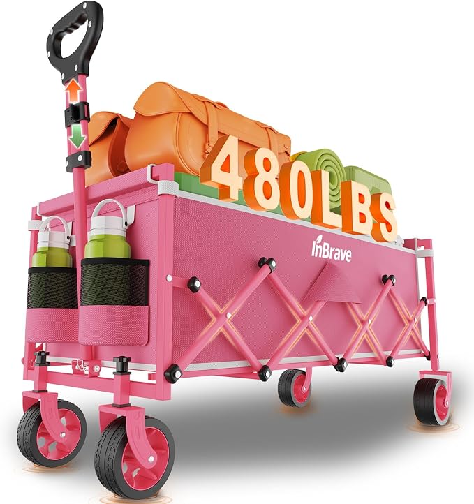 Extra Long Collapsible Wagon Cart, 480LBS Heavy Duty Utility Wagons with All-Terrain Wheels, Foldable Grocery Carts for Gardening, Shopping, Beach, Camping, Rose Pink