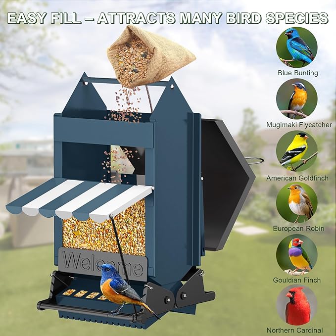 Squirrel Proof Bird Feeder Heavy Duty, 5LB Metal Hanging Bird Feeder for Outdoors with Weight-Activated, Easy to Fill & Clean, Wild Bird Feeder for Cardinals, Bluebirds, Finches, Chickadees& All Birds