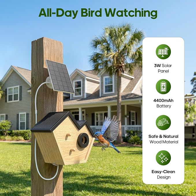 Wooden Bird House with Camera, 2K HD WiFi Smart Bird Feeder with AI Identify Birds Species & LED Light, Instant Alerts with Solar Powered Wireless Outdoor Birdhouse, Gifts for Bird Lovers