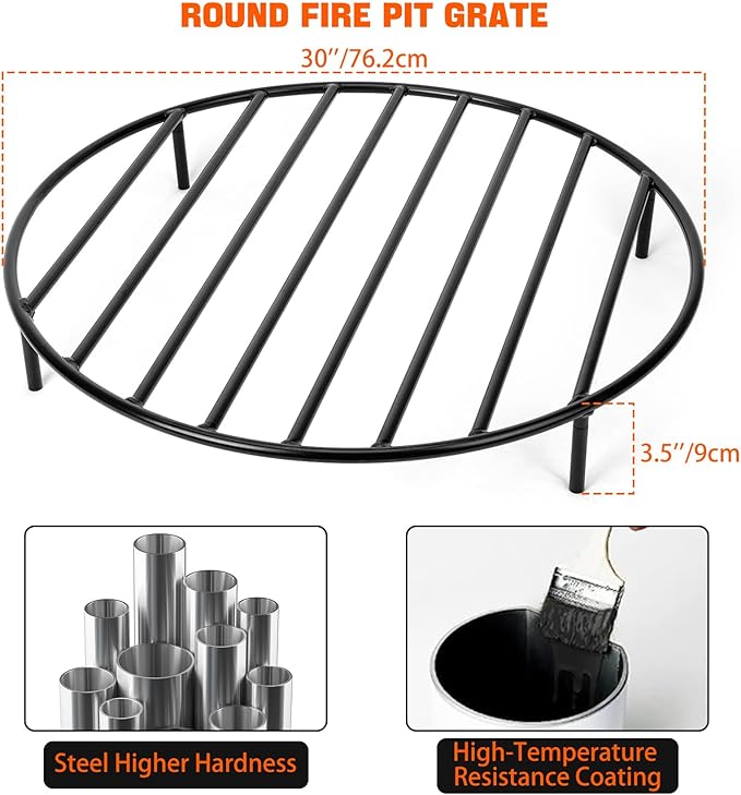 onlyfire Heavy Duty Round Fire Pit Grate 30 Inch - Steel Log Grate with High-Temp Coating & Removable Legs, 3.5" Tall Wood Burning Grate for Outdoor Fireplace, Camping, BBQ